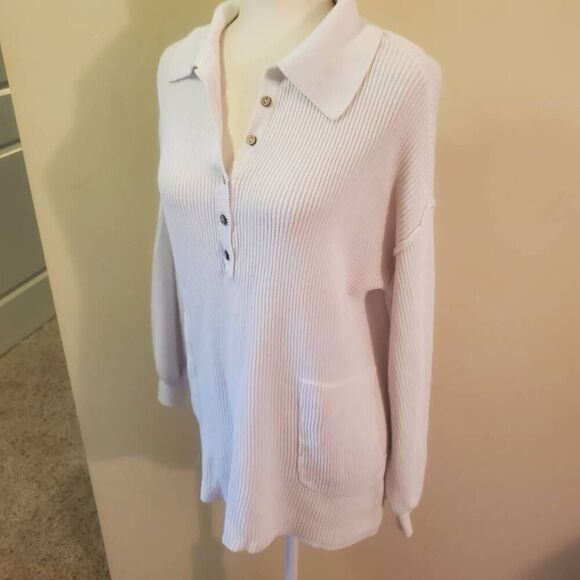 Free People Beach Picnic White Knit Collared Pullover Tunic Sweater Size Small - Picture 8 of 11